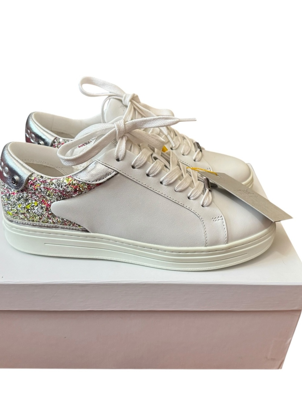 Jimmy Choo White Leather Low-Top Sneakers with Multicolor Glitter Heel - Picture 5 of 10